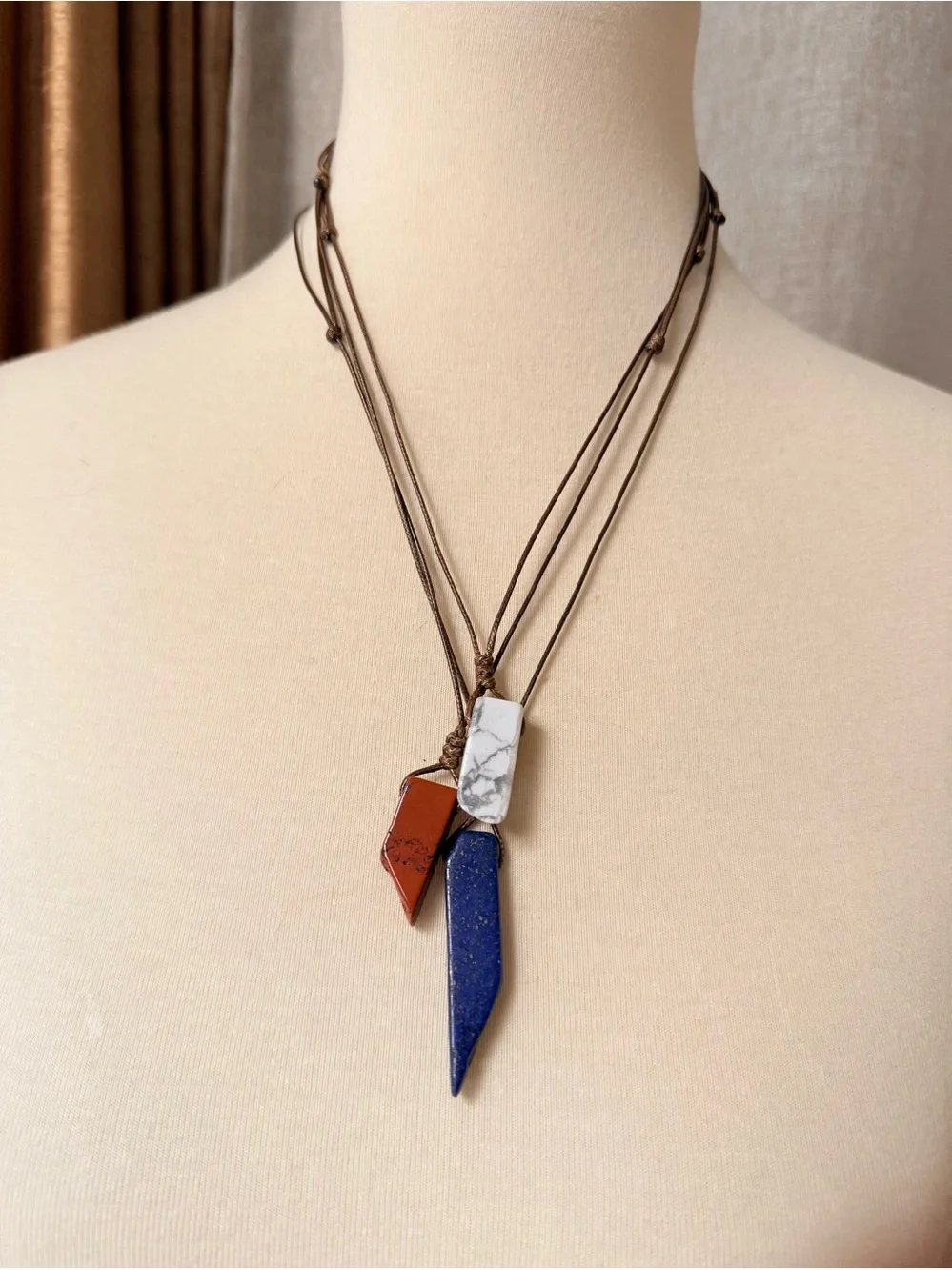 Set of 3 Pendant Necklace with Blue, White & Red Stones